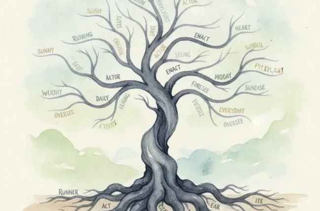 Whimsical tree diagram mapping English word families, with root words at the base and branches labeled related forms (e.g., running, runner, enact).