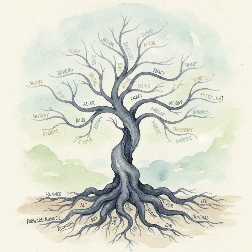Whimsical tree diagram mapping English word families, with root words at the base and branches labeled related forms (e.g., running, runner, enact).