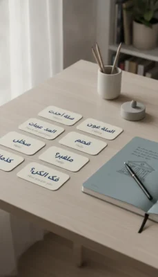 White Arabic-English flashcards laid out on a light wooden desk, with a notebook and pencils nearby.