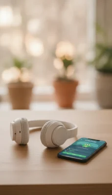 White over-ear headphones lie on a wooden table next to a smartphone showing the Duolingo app, with soft plant-filled background blur.