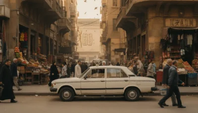 White vintage taxi parked on a busy market street with vendors and pedestrians on both sides in a sepia-toned scene