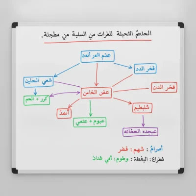 Whiteboard diagram in Arabic: a color-coded mind map of sentence elements with a red central box and blue, green, and purple branches. academic arabic basics
