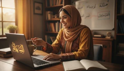 Woman in a brown hijab works on a laptop at a wooden desk, writing with a pen; open notebook beside her.
