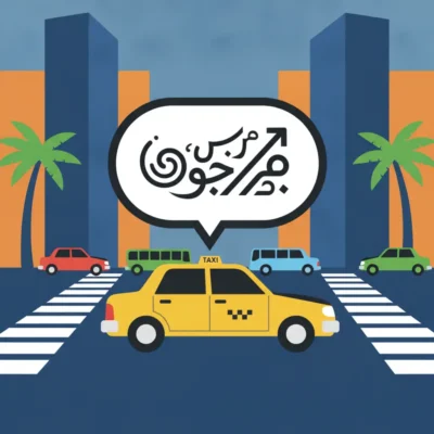 Yellow taxi at a bustling city intersection with zebra crosswalks, tall buildings, and palm trees in the background.