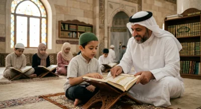 A man in white traditional dress guides a young boy in reading a Quran on a wooden stand inside a mosque, with other children reading in the background.