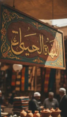 Decorative wooden sign with gold Arabic calligraphy hanging in a bustling market.