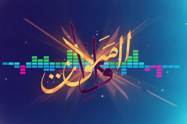 Arabic calligraphy over a colorful sound-wave/equalizer design on a blue gradient background, decorative and musical.