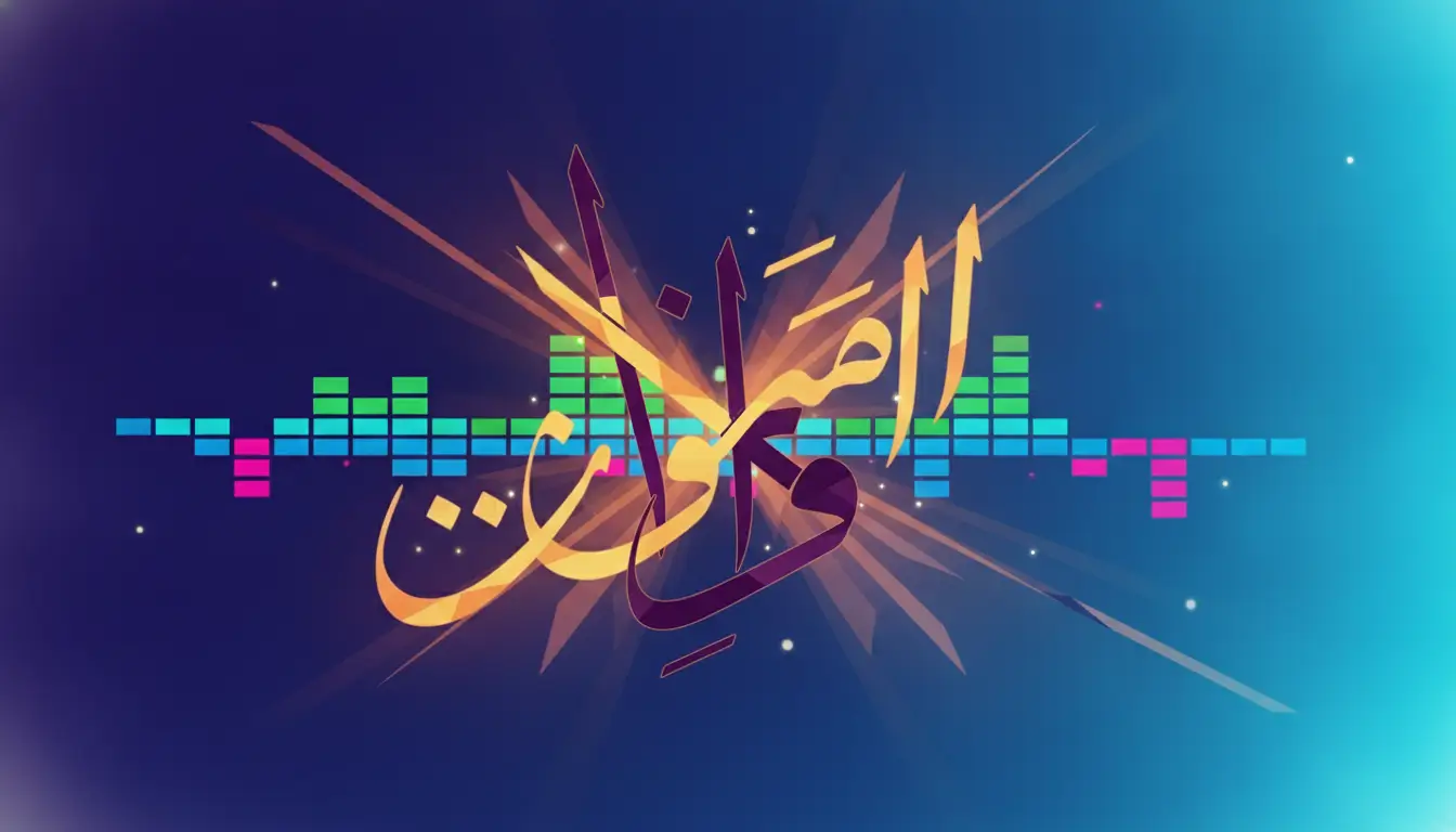 Arabic calligraphy over a colorful sound-wave/equalizer design on a blue gradient background, decorative and musical.