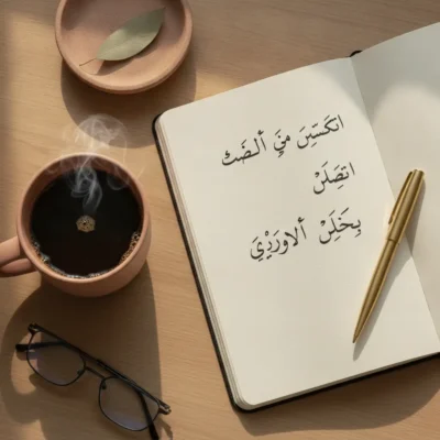 Open notebook with Arabic text on a wooden desk, accompanied by a gold pen, steaming coffee, and reading glasses nearby.