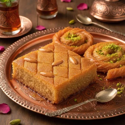 Plate of almond-topped semolina cake and coiled pastries on a copper tray with tea glasses nearby