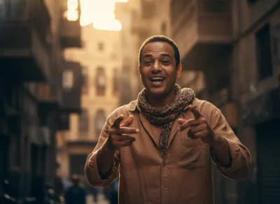 Smiling man in a tan shirt and scarf points at the camera in a sunlit alley.