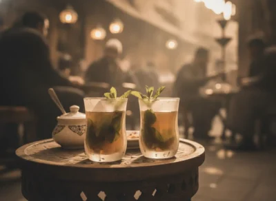 Two mint‑garnished cocktails on a round wooden table in a dim, warm-lit street cafe at night. understand egyptian arabic movies