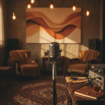 Vintage microphone on a stand in a cozy recording space with warm hanging bulbs and abstract wall art in the background. learn egyptian arabic through songs
