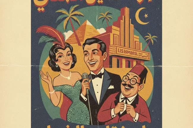 Vintage poster-style illustration advertising an Egyptian film classic, showing a smiling couple and a man in a tuxedo against pyramids and palm trees, Arabic title and 'Egyptian Film Classic' text.
