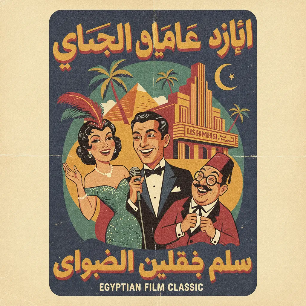 Vintage poster-style illustration advertising an Egyptian film classic, showing a smiling couple and a man in a tuxedo against pyramids and palm trees, Arabic title and 'Egyptian Film Classic' text.
